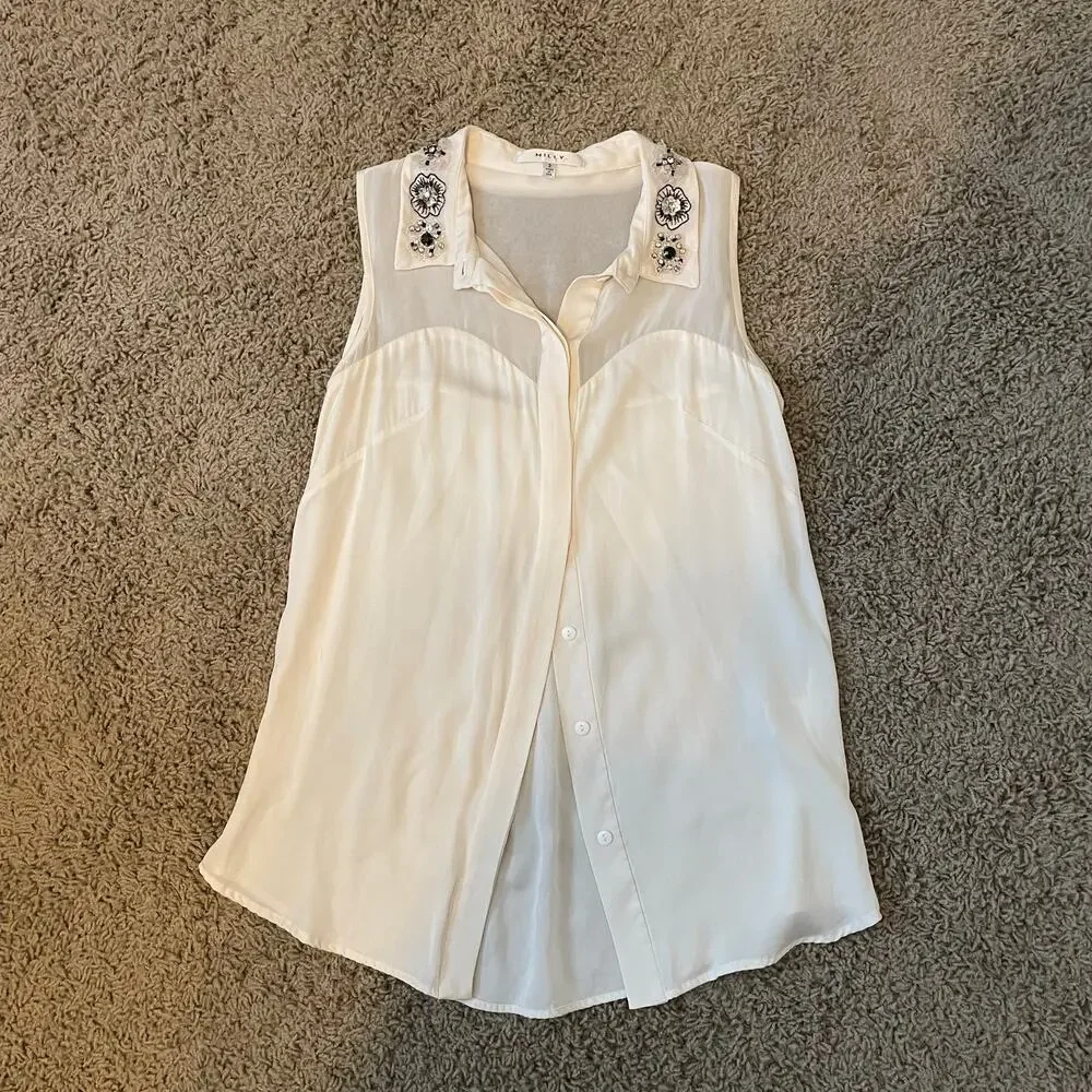 Milly Jane Silk Crepe Sleeveless Blouse cream embellished collar sz 2 - Picture 13 of 15